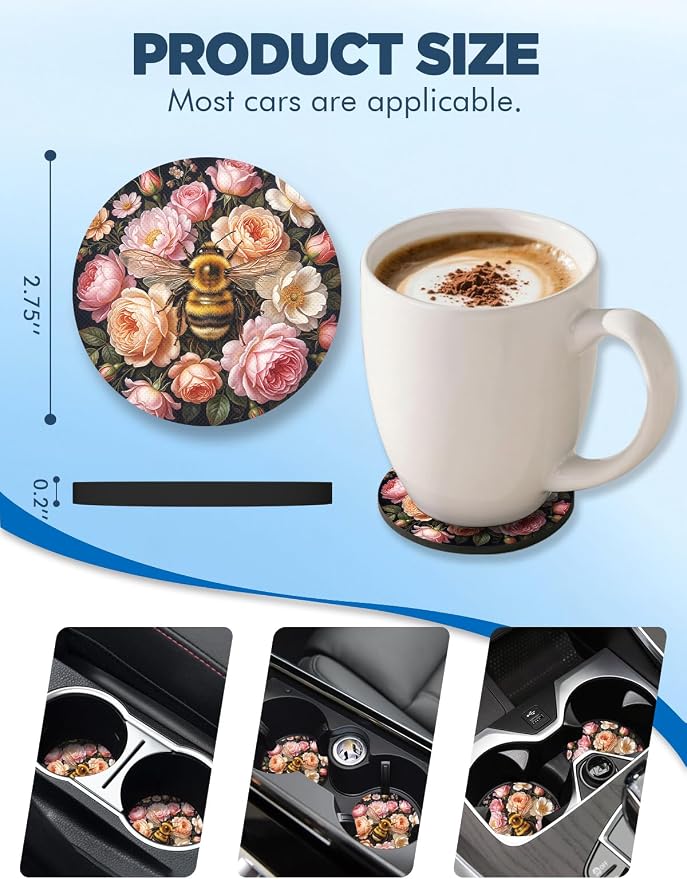 WOCOCN Car Coasters for Cup Holders - 2 Pack 2.75" Universal Rubber Car Cup Coaster, Non-Slip Waterproof Car Interior Accessories, Cute Car Decor Gifts for Women and Men (Gather Honey)