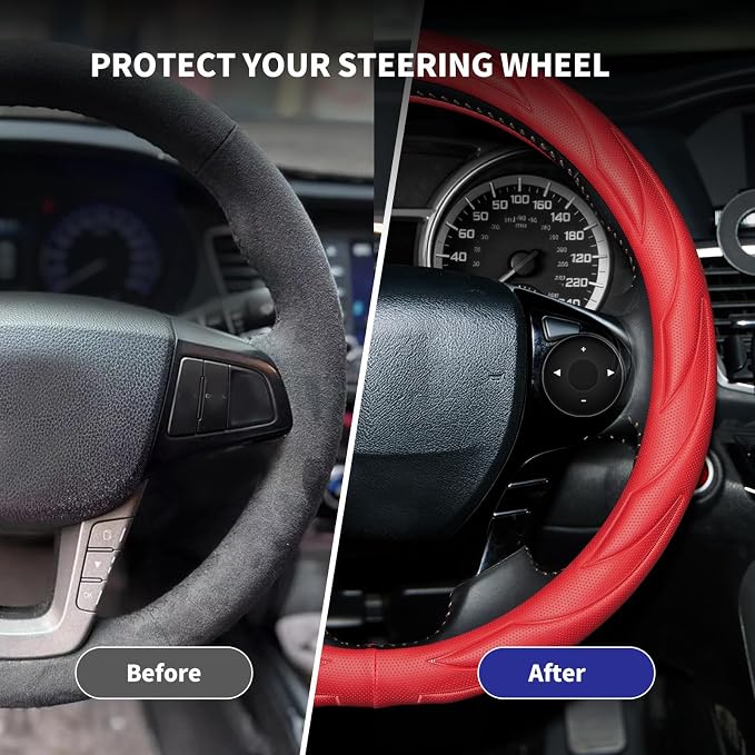 Steering Wheel Cover with Anti-Slip Leather Grip Compatible with Ford, Toyota, Honda, Nissan, and Chevrolet Vehicles for 14.5-15.35 inch Round Steering Wheels Universal Car Accessories