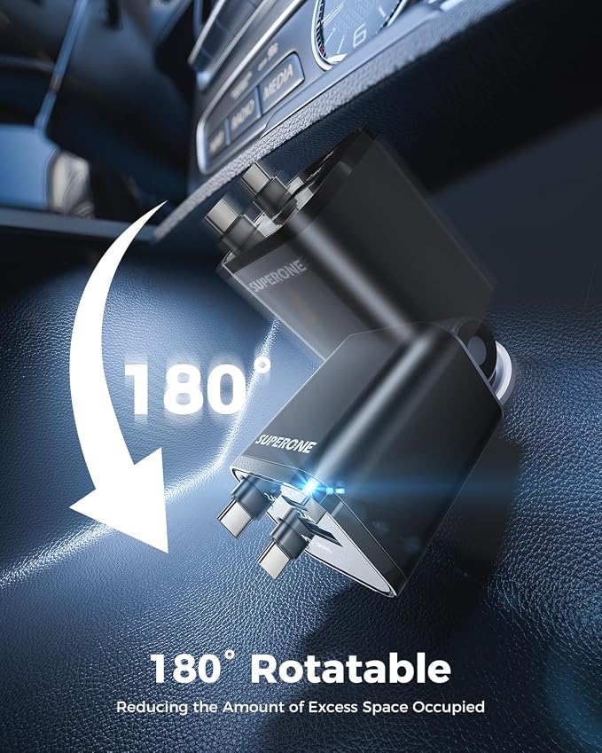 SUPERONE Retractable USB C Car Charger, Phone Car Charger Fast Charging with Dual Type C Cable, Car Accessories Small USBC Car Adapter | Phone Car Charger Fast Charging, Car Accessories Small USBC Car Adapter, for iPhone 17/16/15/14/13/12