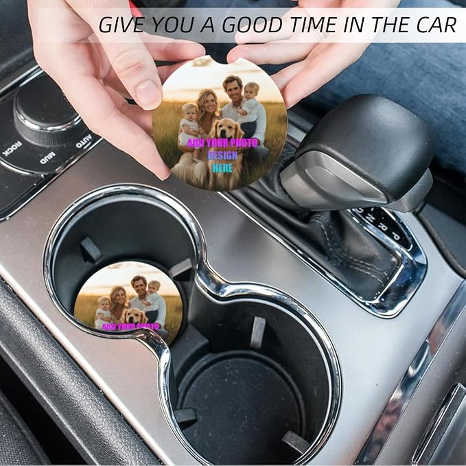 Personlized Cup Holder for Car,Upload Your Design/Logo/Photo Here. Ceramic Coasters Non-Slip Cup Holder Insert with Fingertip Grip, Auto Interior Accessories for Women & Men,Pack of 2, 2.56In