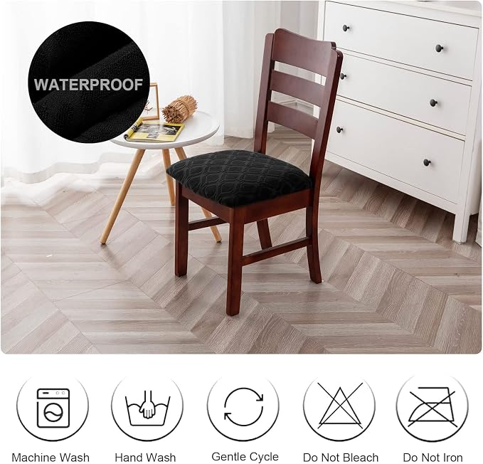 Genina Waterproof Seat Covers for Dining Room Chairs, Stretch Chair Covers Removable Washable Dinning Room Kitchen Chair Seat Cushion Slipcovers (Jacquard-Black, 2 PCS)