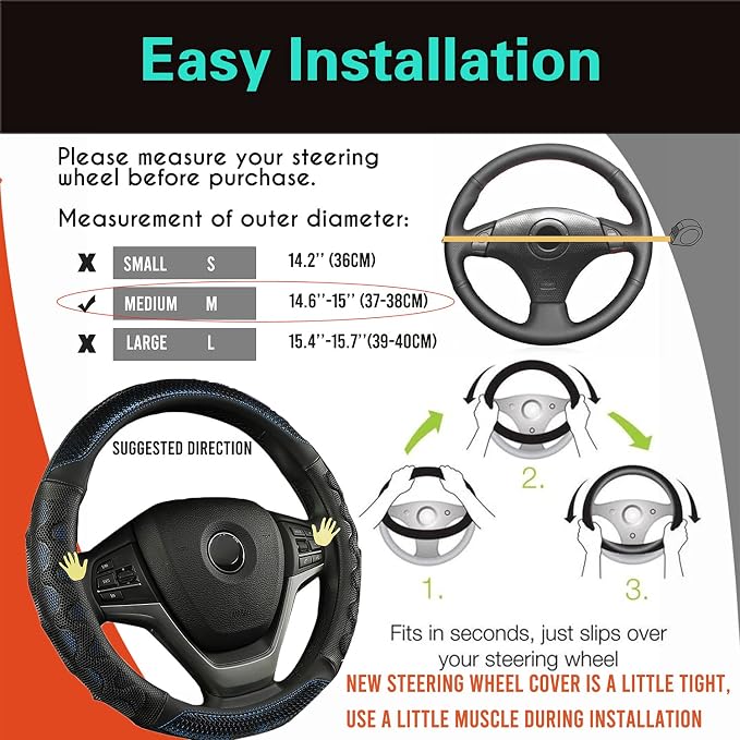 PINCTROT Steering Wheel Cover Great Grip with 3D Honeycomb Anti-Slip Design, Universal 14.5-15 Inch (Blue)