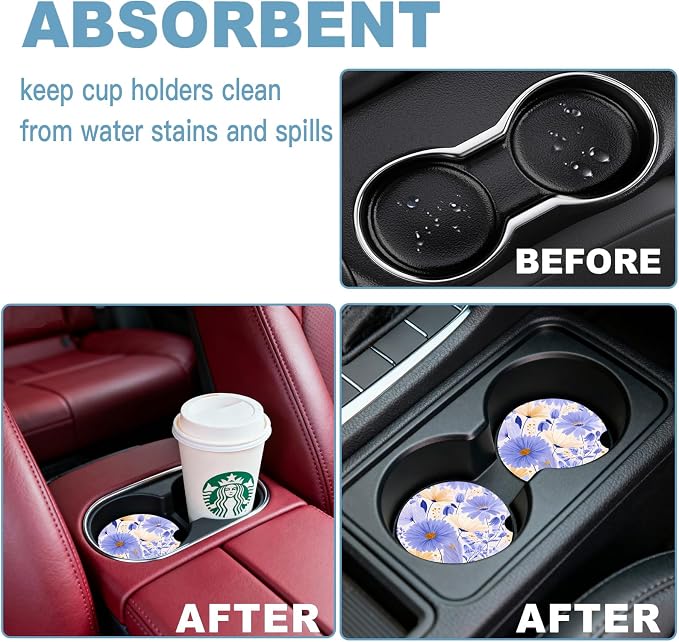 Car Cup Holder Coaster Set of 2, 2.56 in Ceramic Coasters, Scratch-Resistant Cork Backing, Finger Groove Design for Easy Placement, Cute Car Accessories Interior for Women (Purple Flowers)