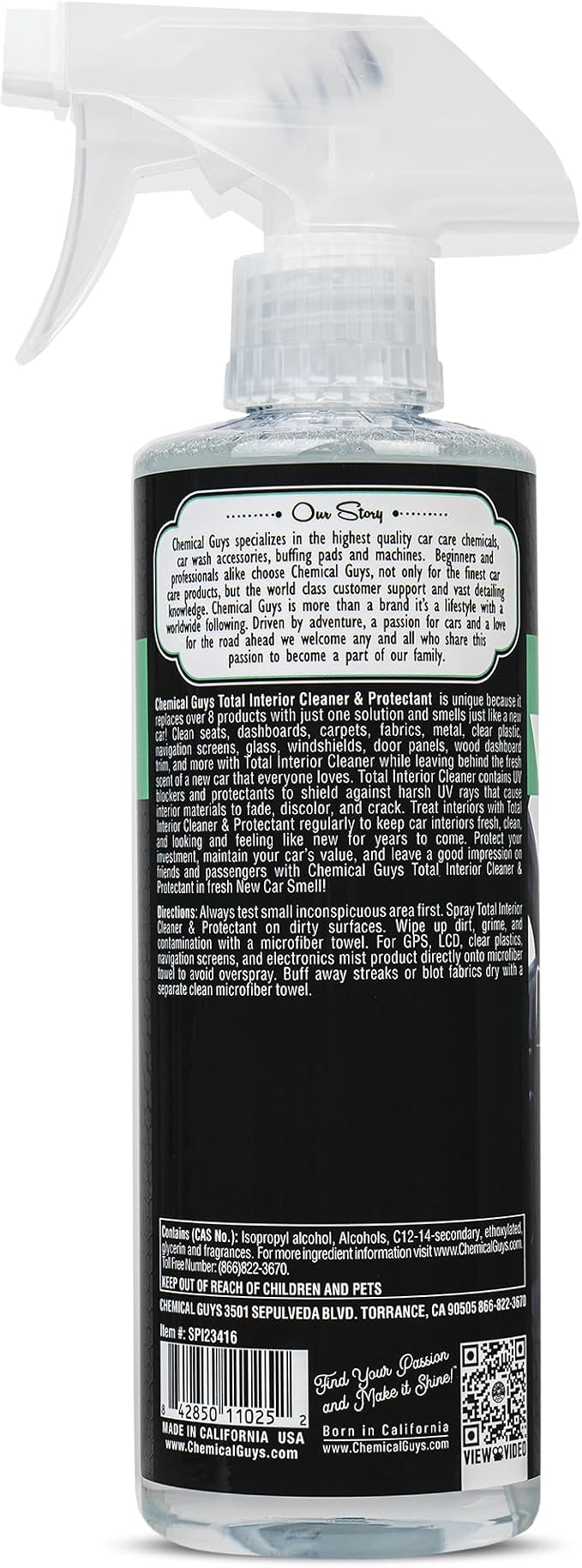 Chemical Guys Total Interior Cleaner & Protectant - New Car Scent, Car Cleaning Spray, Cleans and Protects Leather, Vinyl, Plastic, Rubber, and Glass, Safe for Trucks, SUVs, Jeeps, RVs & More - 16 oz
