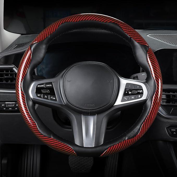 Carbon Fiber Steering Wheel Cover, Snap on Car Steering Wheel Cover Set Accessories 3pcs Wrap Grip Non Slip Protector Universal Glossy Red