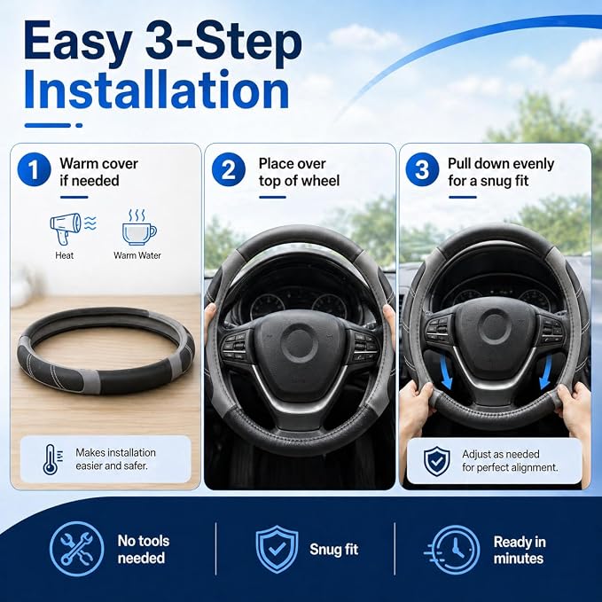 Elantrip Steering Wheel Cover for 14.5" to 15" Wheels, Soft Padded Grip with Anti-Slip Inner Lining, Breathable Comfort for Daily Driving, Easy Stretch Fit for Cars, SUVs and Trucks, Black/Gray