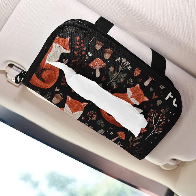 Foxes Mushrooms Black Car Tissue Holder Durable Napkin Holder Hanging Tissue Holders Case Car Tissues Bag for Sun Visor Seat Back Universal Auto
