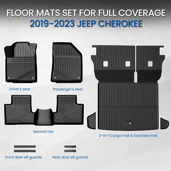 Floor Mats Set for 2019-2023 Jeep Cherokee, All Weather TPE Floor Liners Backrest Mat Trunk Mat Cargo Liner Door Sill Guards Accessories