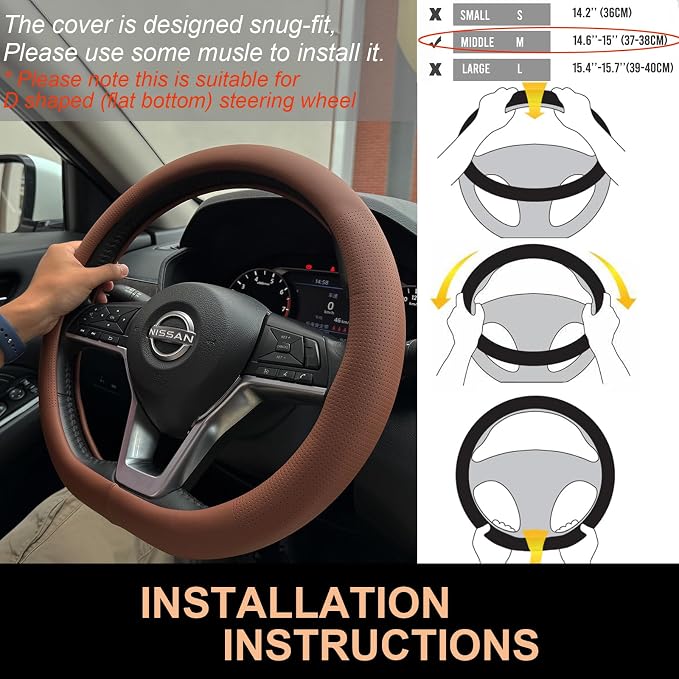 PINCTROT D Shaped Nappa Leather Steering Wheel Cover, Slim Fit No Bulk Design, One Piece Leather with Breathable Perforation, Fit Like Gloves, Flat Bottom 14.5-15 Inch(Nappa Brown)