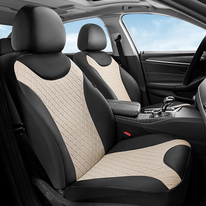 Coverado Car Seat Covers Full Set, Leather Seat Covers for Cars, Waterproof Car Seat Protectors, Front and Back Seat Covers Car Seat Cushions Universal Fit for Most Sedans, SUV, Trucks, Black & Beige