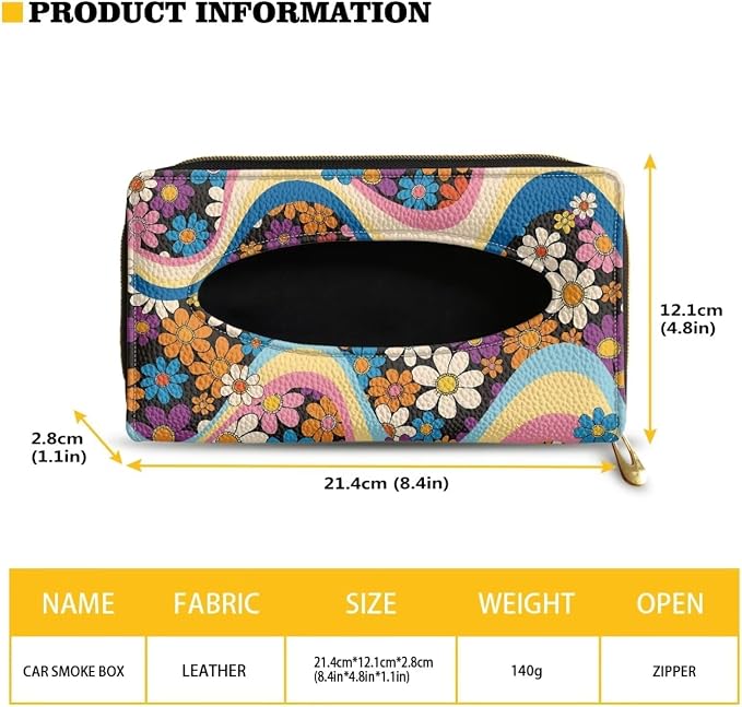 Colorful Hippie Flower PU Leather Car Napkin Holder Car Tissue Holder for Car Leather Backseat Tissue Case Holder for Car,Vehicle