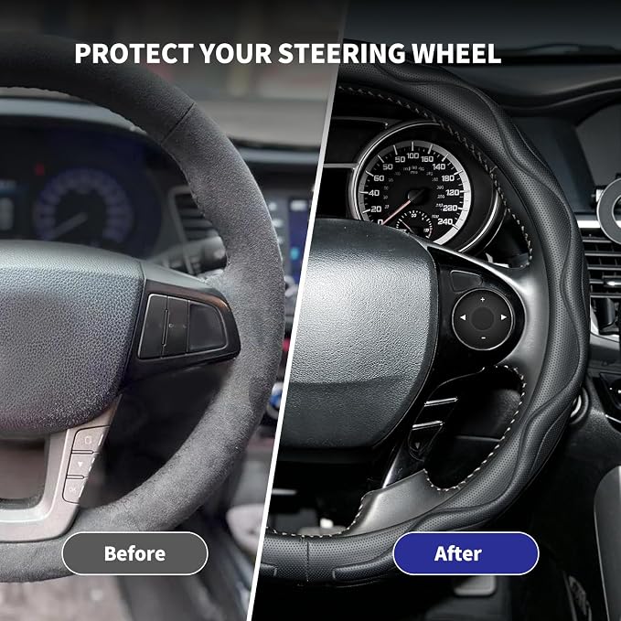 Steering Wheel Cover with Anti-Slip Leather Grip Compatible with Ford, Toyota, Honda, Nissan, and Chevrolet Vehicles for 14.5-15.35 inch Round Steering Wheels Universal Car Accessories