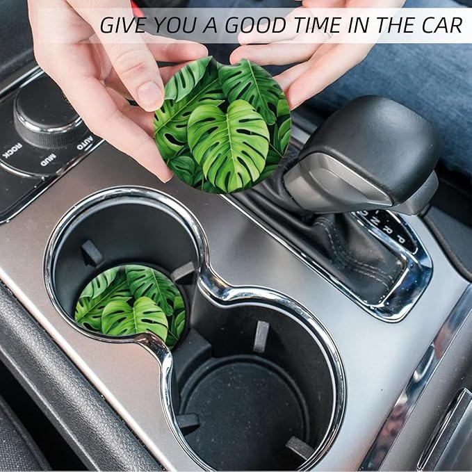 Cup Holder for Car,Tropical Leaf Pattern Ceramic Coasters Non-Slip Cup Holder Insert with Fingertip Grip, Auto Interior Accessories for Women & Men,Pack of 2, 2.56In