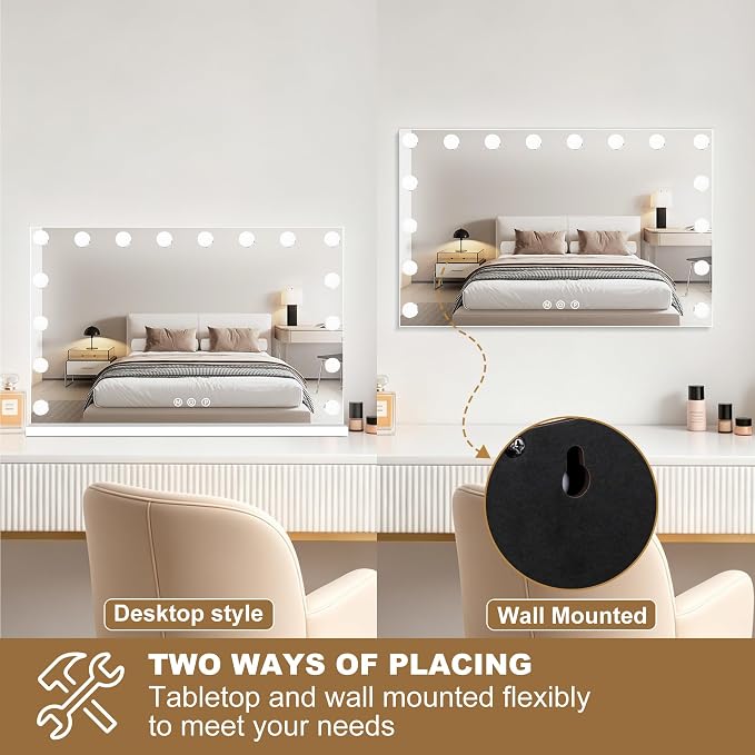 Ratsamee 26" x 20" Hollywood Vanity Mirror with Lights, 16 Dimmable Bulbs, 3 Color Lights,Make Up Lighted Mirror, Aluminum Metal Frame, USB Charging Port