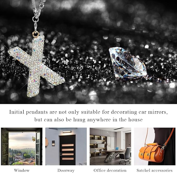 DXNQ Bling Initial Car Rear View Mirror Ornament, Crystal Sparkling Cute Letter Charm Pendant Auto Decor, Hanging Lucky Diamond Initial Charm Car Mirror Bag Ornament for Girl Women (Letter X)