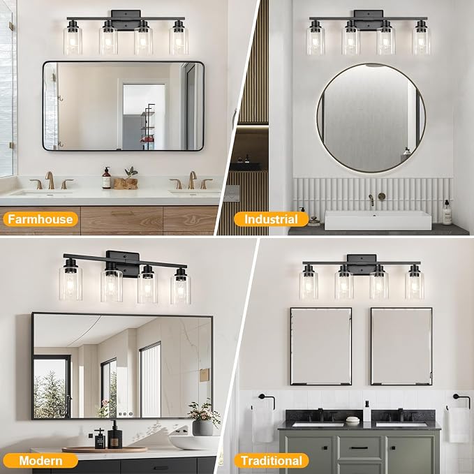 Unicozin Modern Black Bathroom Light Fixtures, 4-Light Vanity Lights Over Mirror with E26 LED Bulbs Included, Wall Sconce with Clear Glass Shades for Living Room Bedroom Hallway Kitchen