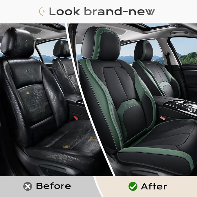 Coverado Car Seat Covers Full Set, Green Car Seat Cover, Car Leather Seat Protector with Lumbar Support, Waterproof Car Seat Cushion, Leather Seat Covers Universal Fit Most Cars, (Black&Green)