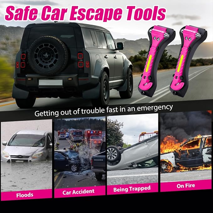 2-in-1 Car Emergency Escape Tool, Glass Window Breaker with Seatbelt Cutter, One Second Quick Release Safety Hammer for Car and Office Use -Pink