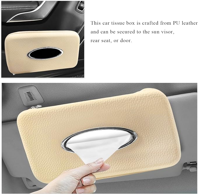 Car Tissue Holder, Microfiber Leather Auto Sun Visor Napkin Box with Zipper & Hooks, Universal Backseat Tissue Dispenser Case Visor Napkin Holder for Sedans Trucks SUVs (Beige)