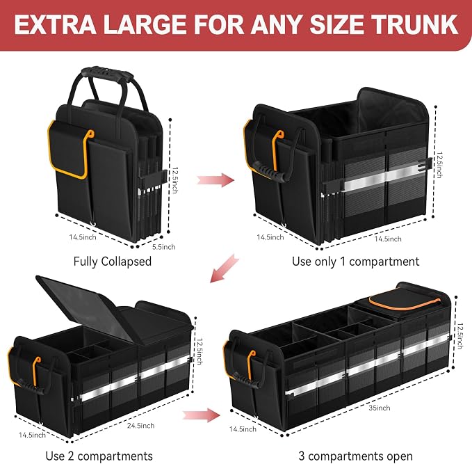 XL Heavy-Duty Trunk Organizer for Car, 6 Adjustable Compartments & Cooler | Car Trunk Organizer With Lid & Removable Leakproof Cooler Bag, Reinforced Panels, Non-Slip Base, Tie-Down Straps For Sedan