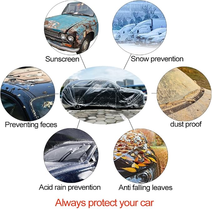 4 Packs Disposable Car Cover Clear Plastic Car Cover Universal Rain Dust Garage Cover with Elastic Band Large (15.7FT x 24.6FT)