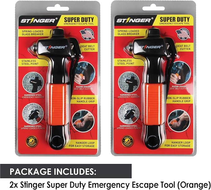 Stinger Super Duty Car Emergency Escape Tool, Hardened Carbon Steel Vehicle Safety Hammer, Spring Loaded Window Breaker, Razor Sharp Seat Belt Cutter, Life-Saving Rescue Tool (Combo 2 pcs Orange)