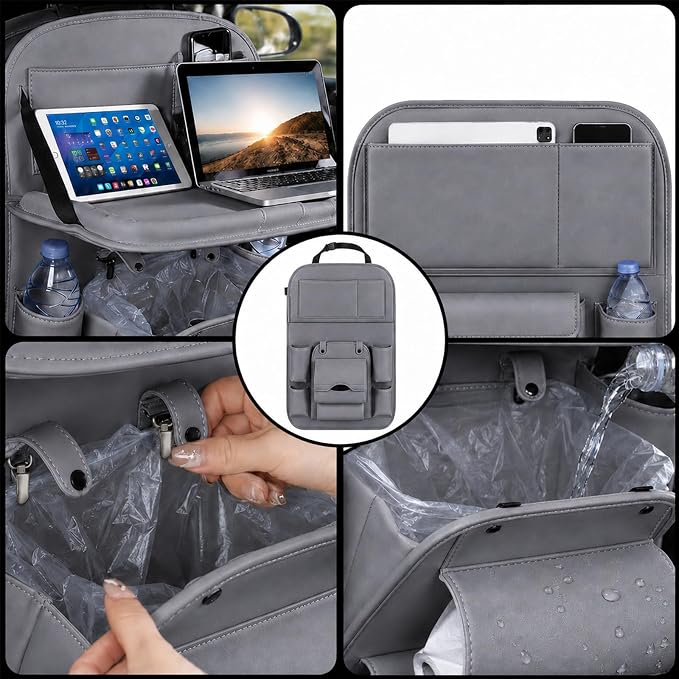 2 Pack Car Backseat Organizer with Foldable Table Tray, PU Leather Seat Back Organizer with Trash Bin, Tablet Holder, Kick Mat Protector, Back Seat Storage for Cars, Gray