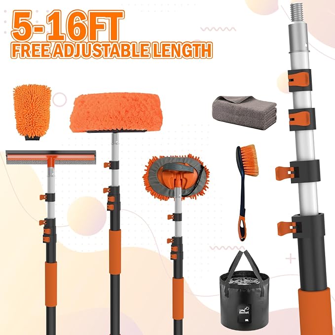 LAANPOLE 16FT Car Wash Brush with Long Handle, Car Cleaning Kit with Soft Bristle Wash Brush, Microfiber Cleaning Mop, Window Squeegee, Mitt, Wheel Brush, Bucket, Drying Towel for RV, Truck, Boat