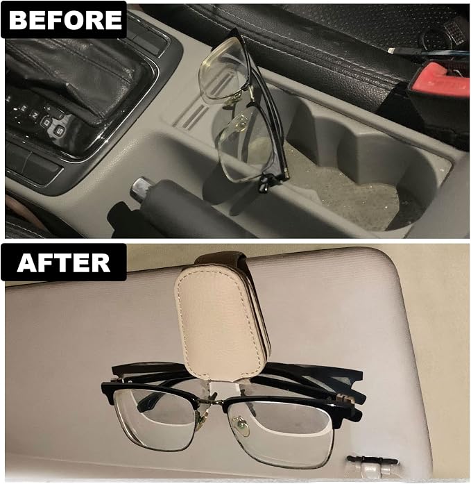 2 Pack Magnetic Leather Car Visor Sunglass Holder (Beige) | Leather Glasses Eyeglass Hanger Clip for Car, Sunglass Clip Glasses Holder for Car Visor