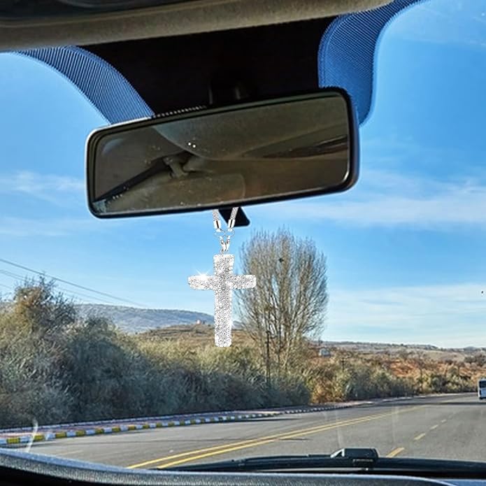 Bling Car Rear View Mirror Accessories Hanging Pendant,Cross Crystal Rhinestone For Car Mirror Hanging,Double-Sided Cross Diamond Religious,Interior Men Women Car Accessories