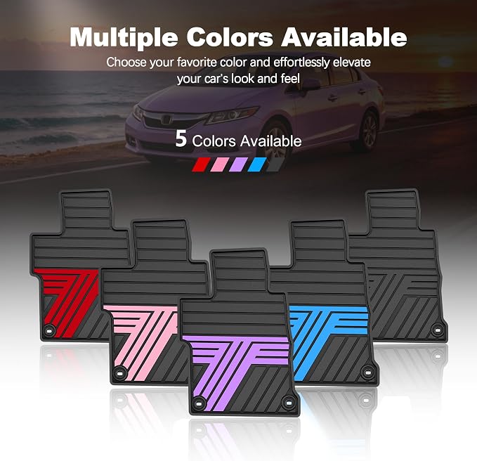 Rubber Floor Mats for Honda Civic Sedan 2012-2015 (Not for Coupe) | All Weather Heavy Duty Car Mats Fit for Civic, 1st & 2nd Row, Black & Purple