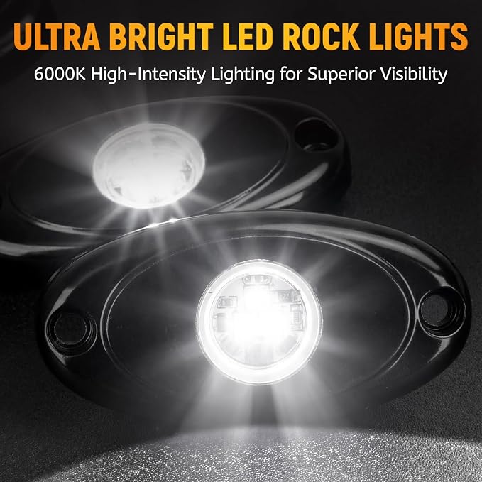 YONEDA 8 Pods White Rock Lights 6000K 3LED Bright LED Underglow Lights IP68 Waterproof for Trucks SUV UTV ATV RZR Car Boats Pickup Motorcycle with 32.8ft Extension Wire