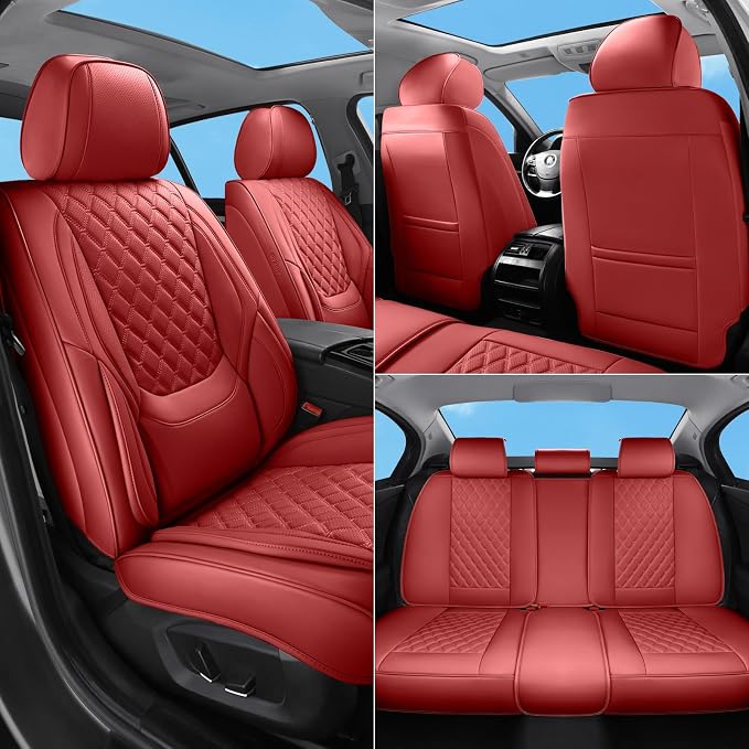 Car Seat Covers Full Set,5 Seat Leather Seat Covers for Cars,Front Seats and Back Seat Cover,Waterproof Car Seat Cushion Protectors,Universal Fit for Most Cars SUV Trucks (Red, Full Set)