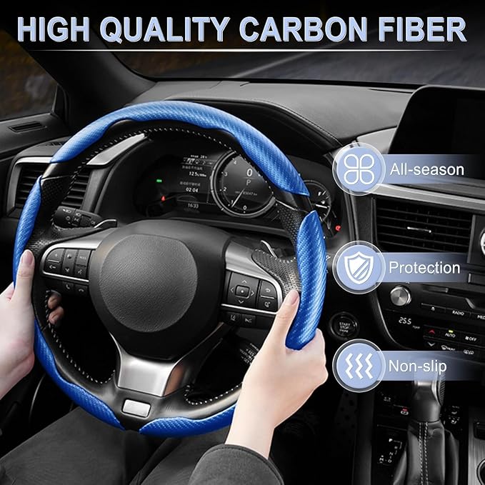 Amiss 3pcs Carbon Fiber Anti-Skid Steering Wheel Cover, Waterproof & Segmented Butterfly Design, Universal 99% Vehicle Wheel Cover Protector, Car Interior Accessories, Blue