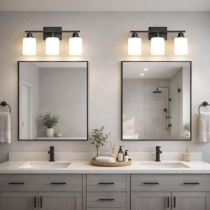 Unicozin 3-Light Bathroom Light Fixtures, Modern Black Vanity Light Over Mirror, Wall Sconces with Milky White Glass Shades for Living Room Bedroom Hallway E26 Base