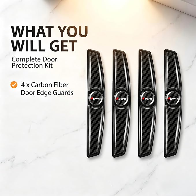 4 PCS Carbon Fiber Car Door Protector Edge Guards, PVC Thicker Scratch-resistant Guard, Waterproof Sunscreen Trim with Sports Label, Self-adhesive Accessories for Cars (Black)