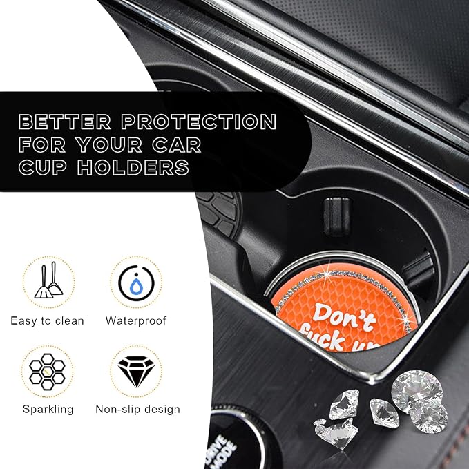 Ohleats Bling Car Cup Coaster, 2.75 Inch Non-Slip Don't Fuck Up My Car Please Cup Holder Insert Coaster, Crystal Rhinestone Auto Drink Cup Mat, Universal Car Accessories (Orange-4PCS)