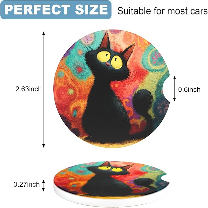 2 Pack Car Cup Holder Coaster, 2.63 inch Anti Slip Insert Absorbent Ceramic Car Coaster with Cork Base and Finger Notch, Cute Car Accessories Interior for Women, Cute Car Coasters.