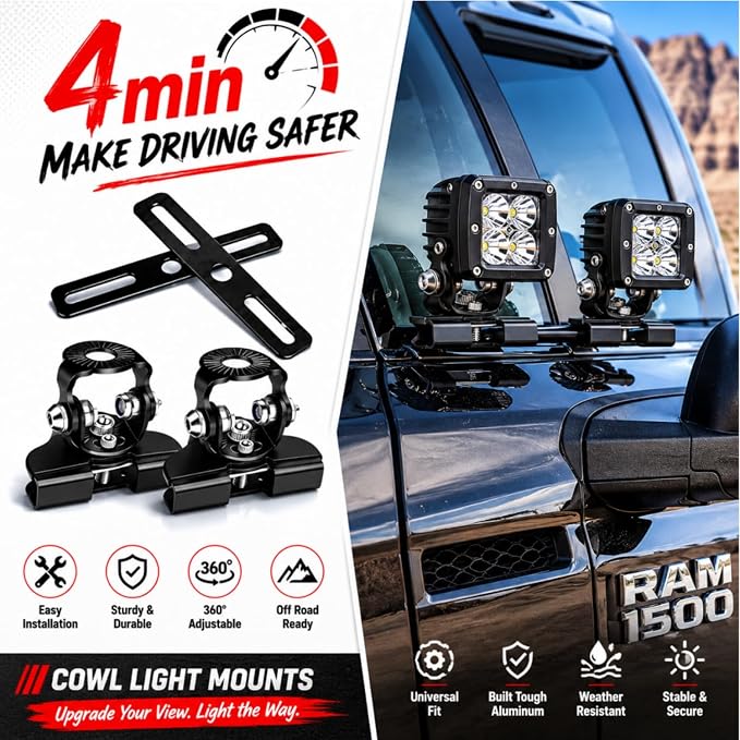 Ditch Light Bracket Extension Dual LED Pod Mount 304 SS Hood Clamp 2PCS | Double Your Lights on One Bracket - 180°/60° Adjustable No-Drill Stainless Steel Hood Mount for Truck SUV ATV UTV - 8mm Max