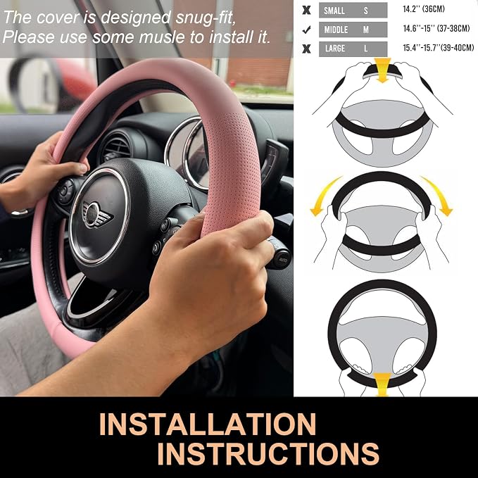 PINCTROT Nappa Leather Steering Wheel Cover, Slim Fit No Bulk Design, One Piece Leather with Breathable Perforation, Fit Like Gloves, Universal 14.5-15 Inch(Nappa Pink)