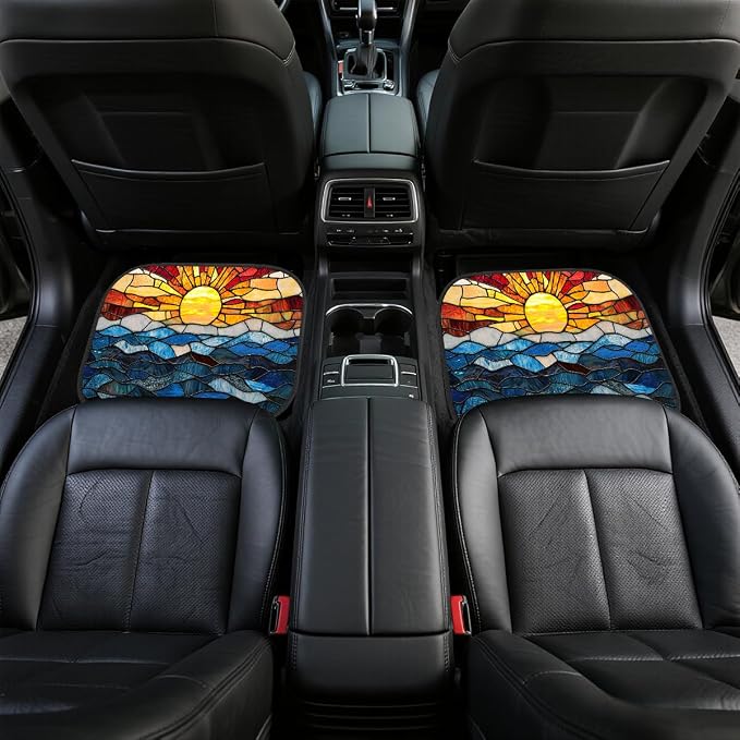 Stained Glass Car Floor Mats Set of 4 Abstract Sunset Ocean Mosaic Art Automotive Car Floor Carpets Non-Slip Auto Car Accessories Universal Fit for Car SUV Truck Van
