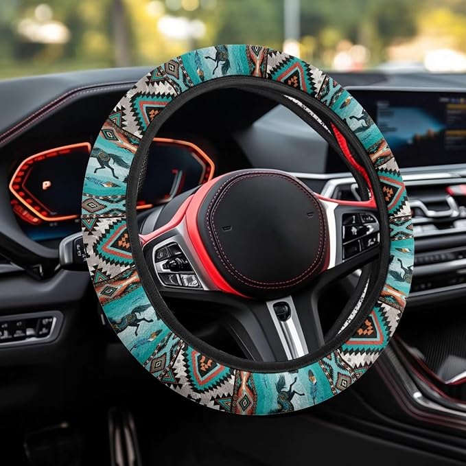 Wanyint Car Steering Wheel Cover for Women Men, Soft Neoprene Stretchy Anti-Slip 15 Inch Steering Wheel Protector Universal Auto Decor, Aztec Geometric Horse Turquoise