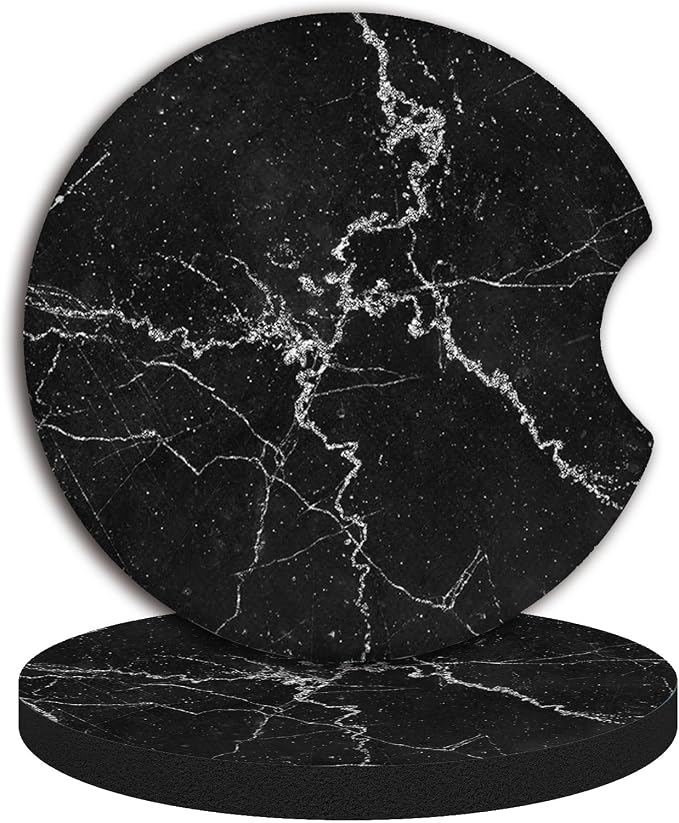 Car Accessories for Women&man, Car Coasters for Cup Holders, Pack of 2 2.75inch Universal Anti Slip Car Assecories, Car Coasters with A Finger Notch(Black Marble)