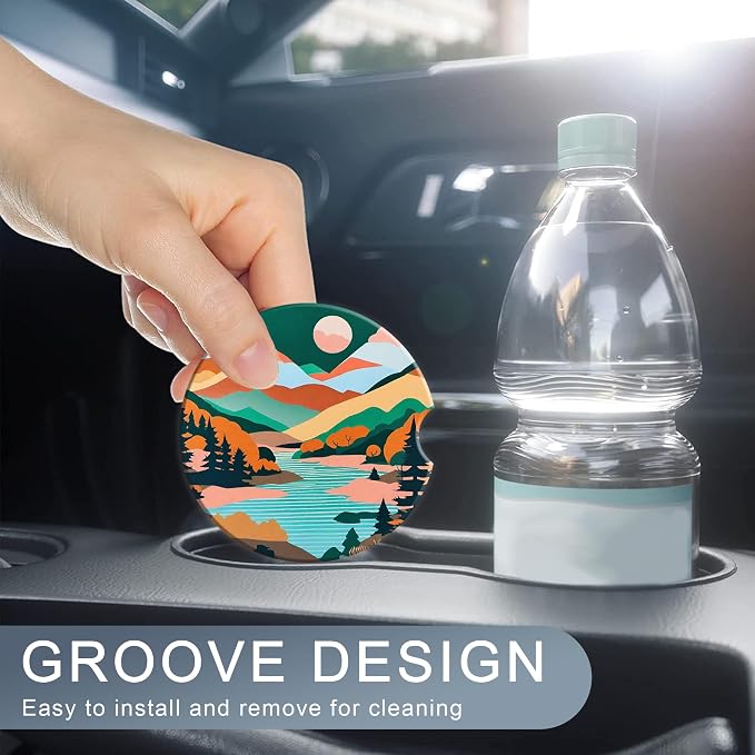 Mountain Car Cup Holder Coaster,Forest Tree Lake Sunset Car Coasters for Cup Holder,2 PCS Absorbent Insert Ceramic Car Assecories with Cork Back & Finger Notch for Women Men