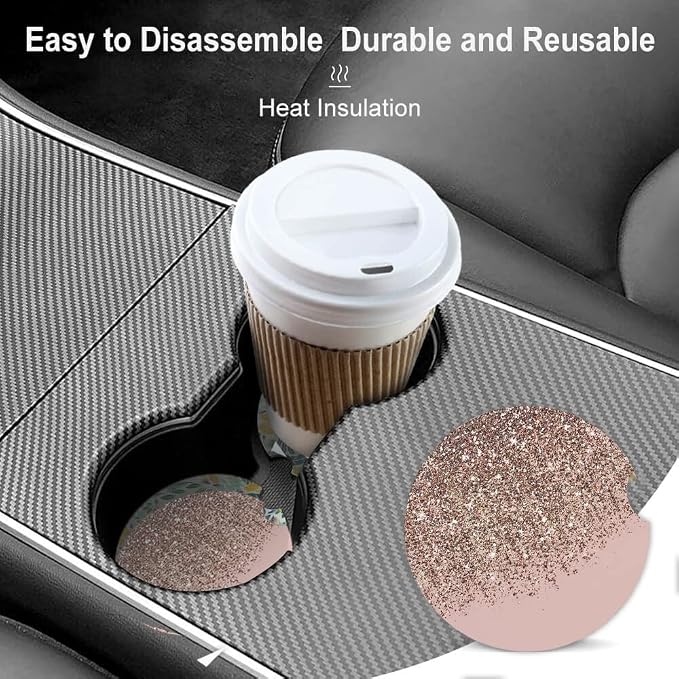 2 Pack Absorbent Car Coasters for Cup Holders,Ceramic Coasters with Cork Back and Finger Slot,Fashion Cupholder Accessories to Keep Your Car Cup Holders Clean and Dry 2.56"(Blush Rose Gold Pattern)