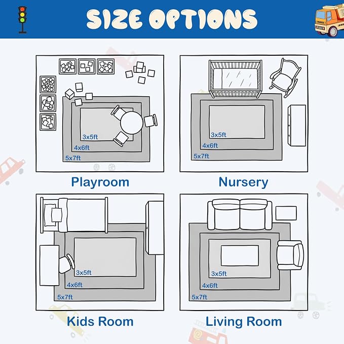 STARUIA Large Kids Playroom Rug, 4'x6' Washable Road Rug for Nursery, Non-Slip Fun Area Rugs for Kids Room, Blue Car Rugs Play Mat Soft Baby Carpet for Boys Girls Dorm Toy Room Tent