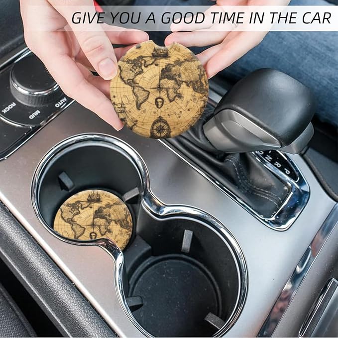 Cup Holder for Car,Rustic Ancient World Map Print Ceramic Coasters Non-Slip Cup Holder Insert with Fingertip Grip, Auto Interior Accessories for Women & Men,Pack of 2, 2.56In