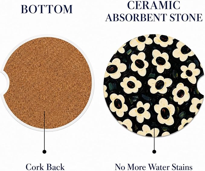 2Pack Car Cup Holder Coasters Absorbent Ceramic Coaster 2.56" for Women & Men Auto Flower Car Accessories (Ceramic Flower)