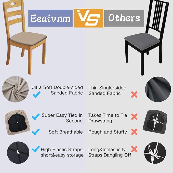 Leather Stretch Chair Seat Covers with Elastic Ties,Waterproof Dining Room PU Leather Chair Cover Seats,Removable Washable Chair Protector Seat Cushion Slipcovers for Home,Kitchen (khaki, 4 PCS)