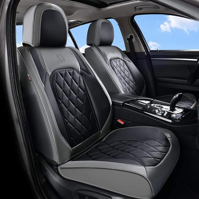 Coverado Seat Covers Full Set, Faux Leather Seat Covers for Car, Waterproof Car Seat Protectors 5 Seats, Automotive Seat Covers Universal Fit for Most Cars SUV Trucks- Gray&Black